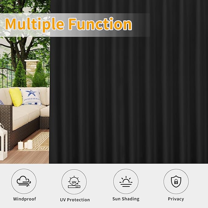Easy-Going Outdoor Patio Curtains Detachable Tab Top Windproof Weatherproof Curtain for Cabana, Porch, Pergola and Gazebo, Tab Bottom Drape, 2 Panels, 54W x 108L inch, Black