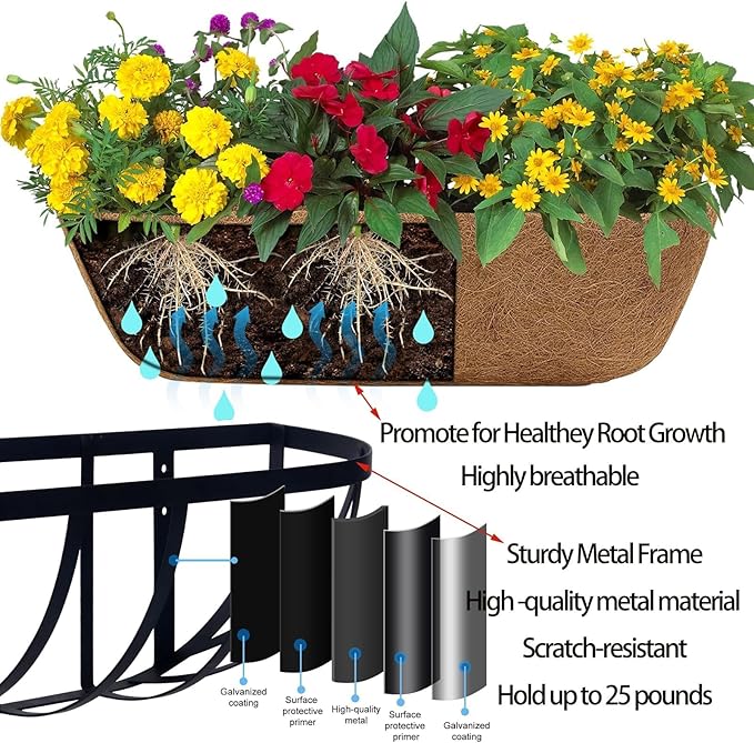 2 Pack 36" Railing Planter Window Box with Coco Fiber Liner Horse Trough Planter The Railing Planter Boxes for Deck Porch Fence Outdoor