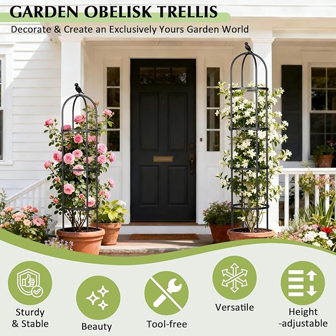 Garden Obelisk Trellis for Climbing Plants Outdoor, 6.2 FT Tomato Cage, Rose, Flowers, Grape, Pea, Cucumber Trellis, Rustproof Plastic Coated Metal Plant Support Trellis for Potted Plants (2 Pack)