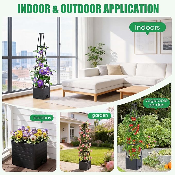 4 Pack Raised Garden Bed Planter Box with Trellis, 57" Self-Watering Tomato Cage Planters for Climbing Plants Vegetable Vine Flowers Outdoor & Indoor (57x9.8x9.8IN)