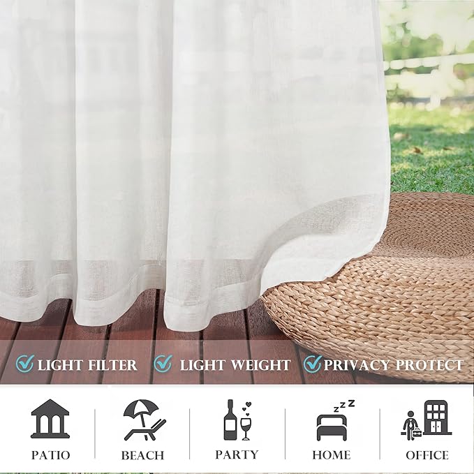 RYB HOME Linen Sheer Outdoor Curtains 84 inch Length 2 Panels Set, Lightweight Waterproof Grommet Top Burlap Linen Panels for Patio, Pergola, Porch, W52 x L84 Inch, 1 Pack with Tieback Ropes