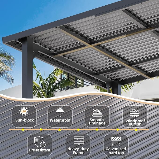 AECOJOY 10'x8' Pergola Hardtop Outdoor Gazebo for Patio, Small Heavy Duty Lean to Metal Pergolas and Gazebos Clearance, Wall-Mounted Grill Gazebo Galvanized Steel Patio Roof Awnings for Patio, Decks