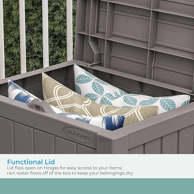 Suncast 22-Gallon Small Deck Box - Lightweight Resin Indoor/Outdoor Storage Container and Seat for Patio Cushions and Gardening Tools - Store Items on Patio, Garage, Yard - Stone Gray, Made in the USA