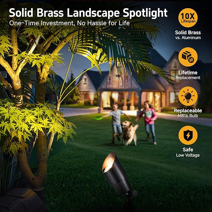 Gardenreet Solid Brass Spot Lights - Black Low Voltage Landscape Spotlight Outdoor, 12V LED Uplights Wired, Waterproof Electric for Patio Wall with 4000K Bright White MR16 Bulb (6 Pack)