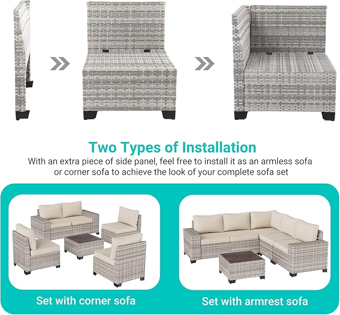 9-Piece Outdoor Patio Furniture Set with Rocking Swivel Chair Wicker Sectional Sofa Set, Patio Conversation Set with Thickened Cushions & Coffee Table for Garden, Backyard, White