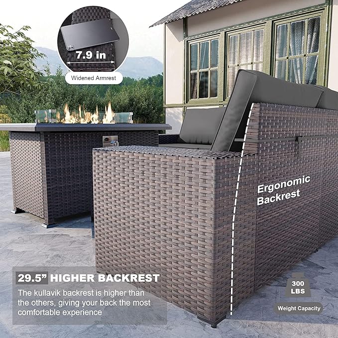 Kullavik 7 Pieces Outdoor Patio Furniture Set with 43" 55000BTU Gas Propane Fire Pit Table PE Wicker Rattan Sectional Sofa Patio Conversation Sets,Grey