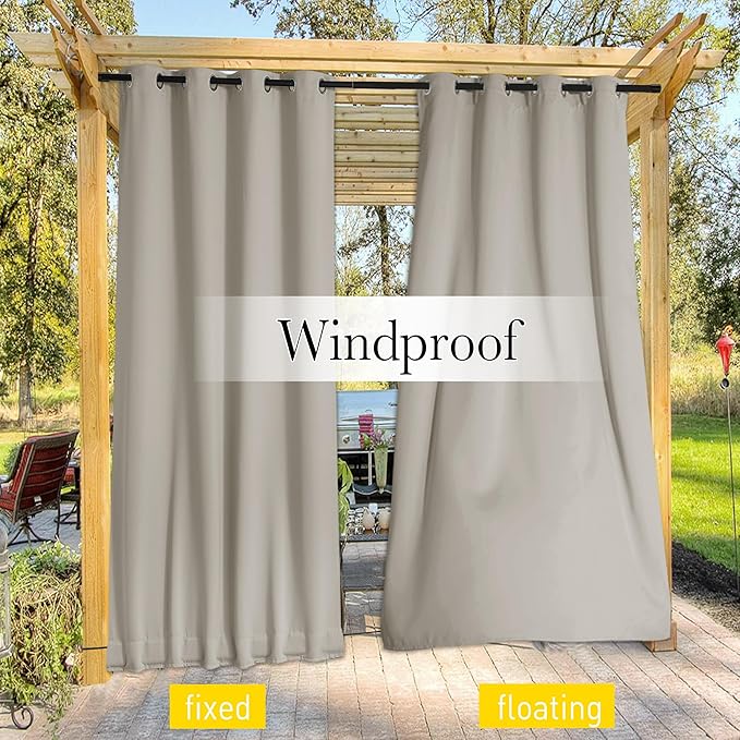 NICETOWN Outdoor Curtains for Patio Waterproof 108 inches Long 2 Panels, Windproof Thermal Insulated Top & Bottom Grommet/Back Tab Privacy Drapes with Rope for Gazebo, Natural, W52 x L108