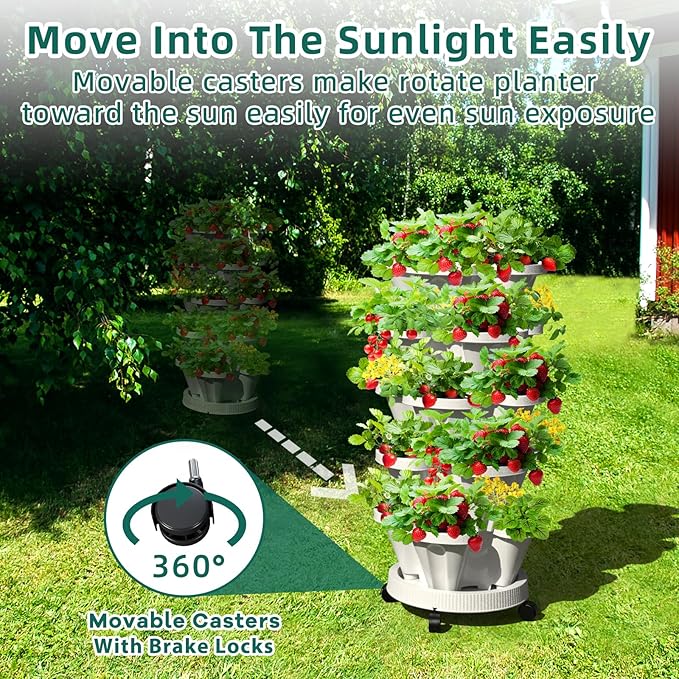 7 Tiered Strawberry Vertical Planter 2 Pack, Stackable Tower Garden Planter Herb Garden Planter with Movable Casters and Bottom Saucer Indoor and Outdoor - White