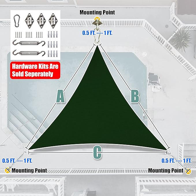 Amgo Custom Size 27' x 27' x 27' Green Triangle Sun Shade Sail Order to Make Canopy Awning UPF50+ AGSLT, 95% UV Blockage, Water & Air Permeable, 200GSM Commercial Standard (We Customize)
