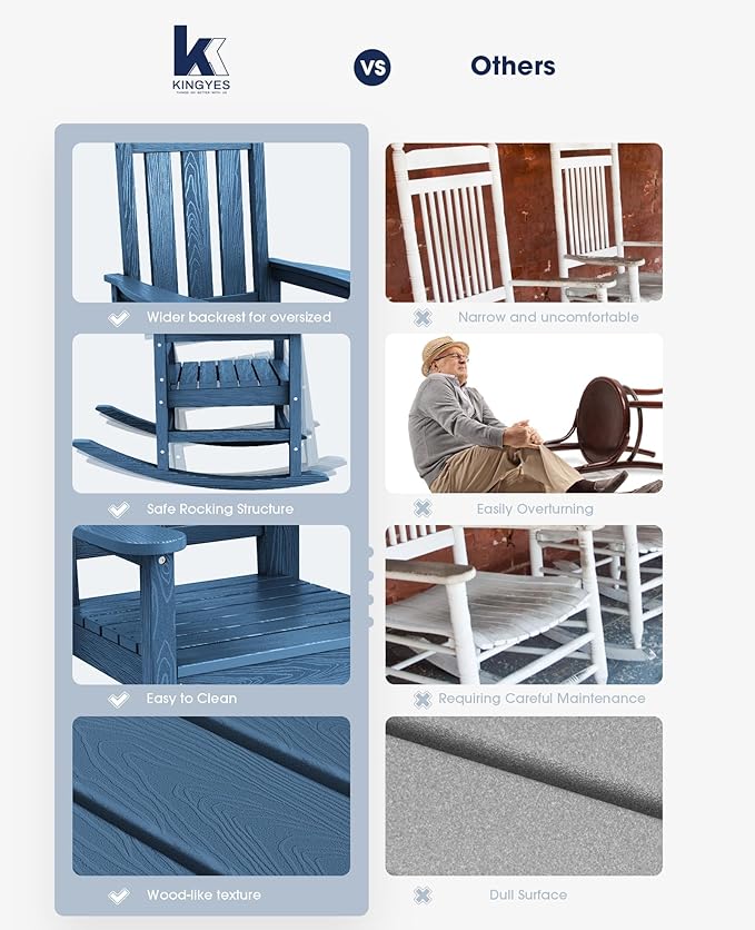 KINGYES Oversized Outdoor Rocking Chair Set of 4, All-Weather Patio Rocking Chairs for Porch, HDPE Outdoor Patio Rockers with High Back & Wide Seat for Garden, Lawn, Blue
