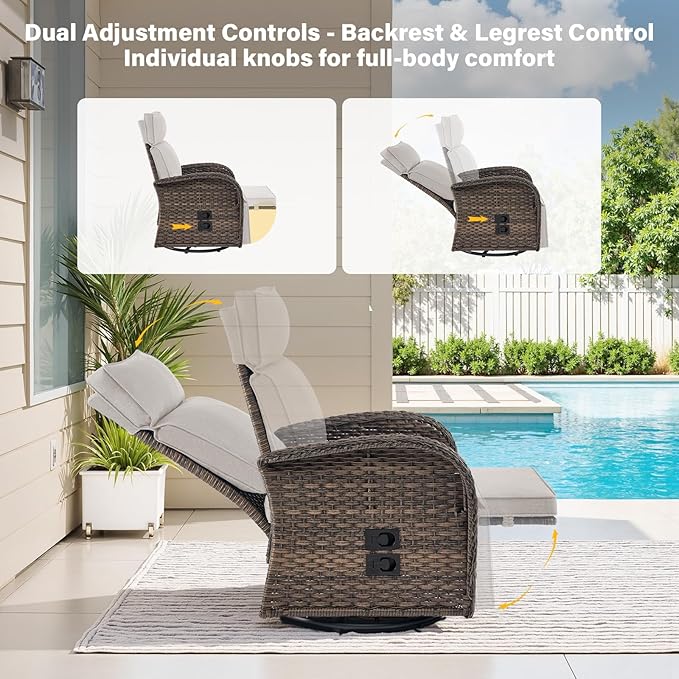 Belord 5 Piece Wicker Patio Furniture Set with 30" Propane Fire Pit Table, Outdoor Swivel Recliner Chairs with Adjustable Backrest & Footrest for Patio Conversation and Backyard Gathering