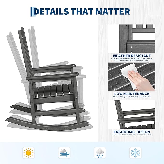 HDPE Rocking Chair Outdoor Set of 4 with 2 Side Table - Poly High Back Porch Rocker Chairs for Adults - All Weather Resistant Furniture for Patio Front Porch - Gray