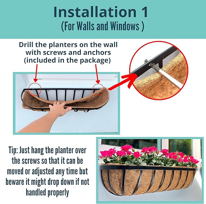 LaLaGreen Deck Railing Planter Boxes for Plants (24 Inch, 2 Pack) Black Metal Wall Planters for Outdoor Plants, Window Flower Box Deck Railings with Coco Liner, Fence Balcony Patio Porch Over Rail