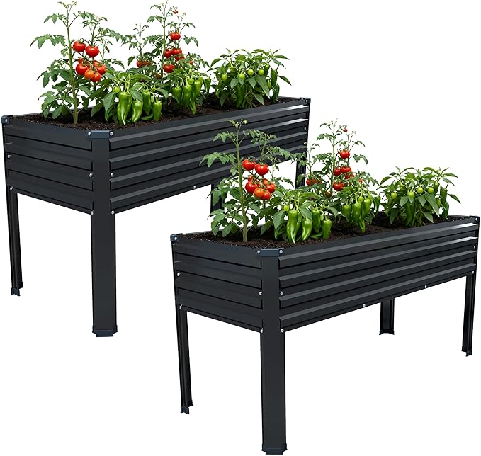 MGNO 2PCS Galvanized Raised Garden Bed Outdoor with Legs,48×18×32in Metal Elevated Raised Planter Box for Backyard, Patio, Balcony, 300lb Capacity,Black