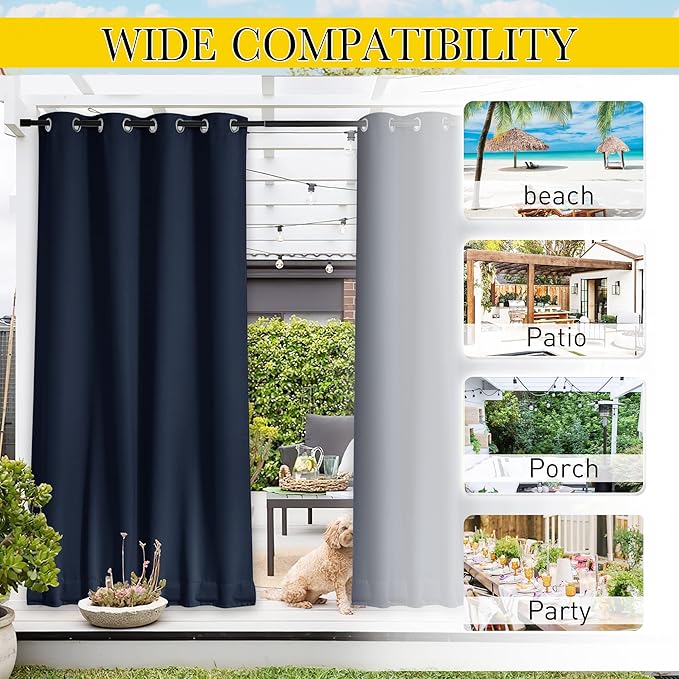 NICETOWN 2 Panels Outdoor Curtains Waterproof for Patio, Thermal Insulated Top & Bottom Grommet & Back Tab Light Blocking Outdoor Drapes, Windproof with Bouns Rope, W52 x L120, Navy Blue