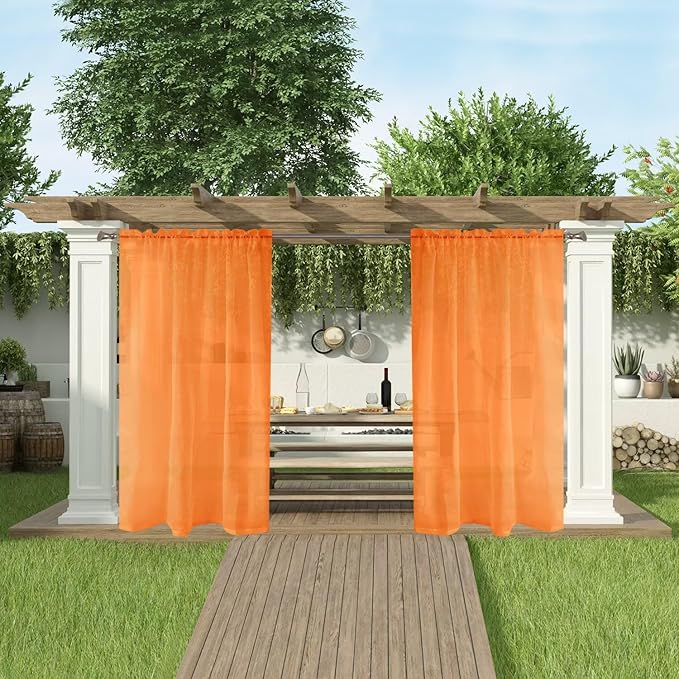 SpaceDresser Waterproof Outdoor Sheer Curtains for Patio - 2 Panels Rod Pocket Indoor Voile Sheer Curtain for Living Room,52W x 108L inch, Orange