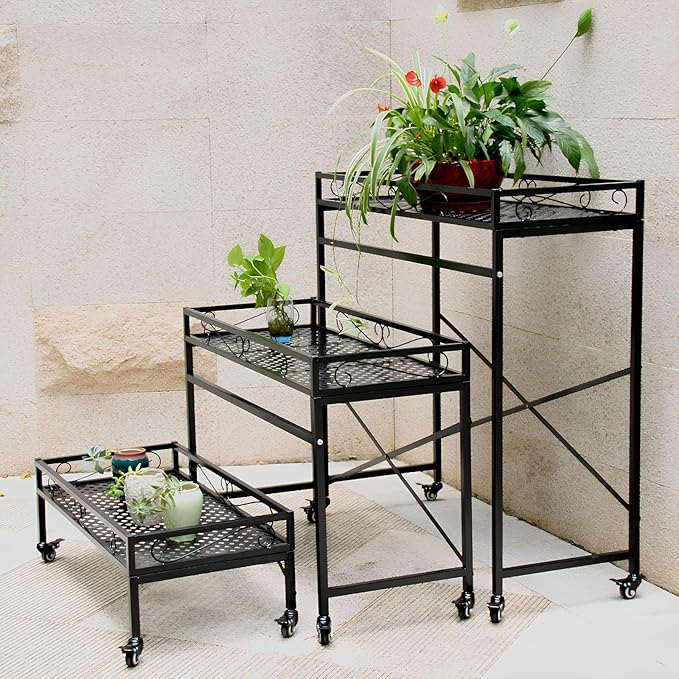 Zhongma 1 Tier Sturdy Metal Plant Stand with Wheels, 40.5x16x40.4 in High, Heavy Duty Succulent Shelf for Home Indoor and Outdoor, 220 LBS Capacity & Heavy Duty Construction