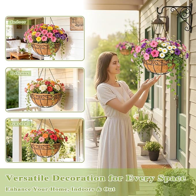4 Pack 10 Inch Hanging Baskets for Plants Outdoor Metal Hanging Planter Hanging Flower Baskets with Coco Fiber Liners Chain Round Wire Plant Holder Hangings Flower Pots(Plaid)