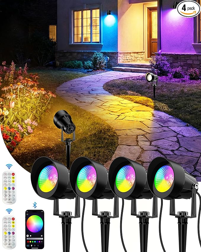 CORESLUX Smart RGBW Spot Lights Outdoor, Color Changing Warm White Landscape Lights with APP and Remote Control, Spotlight Waterproof for Garden Yard Patio Landscape, 4 Pack