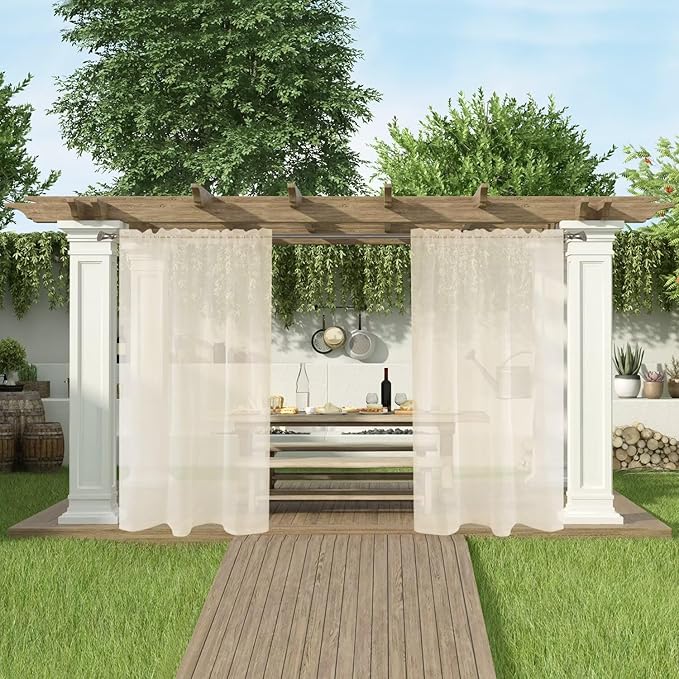 SpaceDresser Waterproof Outdoor Sheer Curtains for Patio - 2 Panels Rod Pocket Indoor Voile Sheer Curtain for Living Room,52W x 84L inch, Ivory