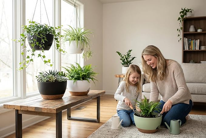 Hanging Planters 3-Pack, 8 Inch Self-Watering Hanging Pots with Drainage Hole and Chains, Plastic Planters for Indoor Outdoor（White Brown）