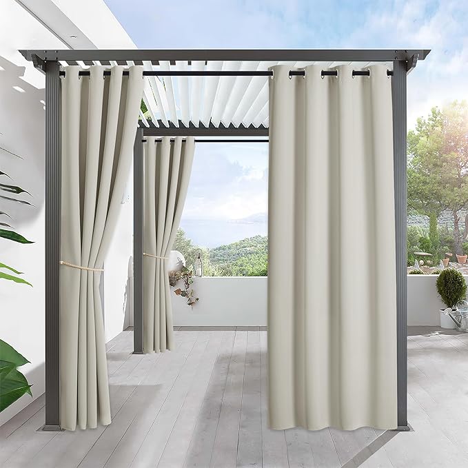 RYB HOME Outdoor Curtains for Patio Waterproof Block Sunlight Thermal Insulated Privacy Thick Outside Curtains for Pergola, Cabana, Gazebo, W52 x L72, Natural, 1 Panel
