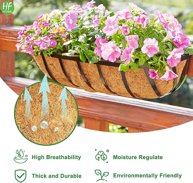 HFHOME 2 Pcs 24" Window Box Deck Railing Planter with Horse Trough Coco Liners, Black Metal Hanging Flower Planters Baskets for Indoor, Outdoor, Balcony, Porch, Fence, Patio, and Lawn