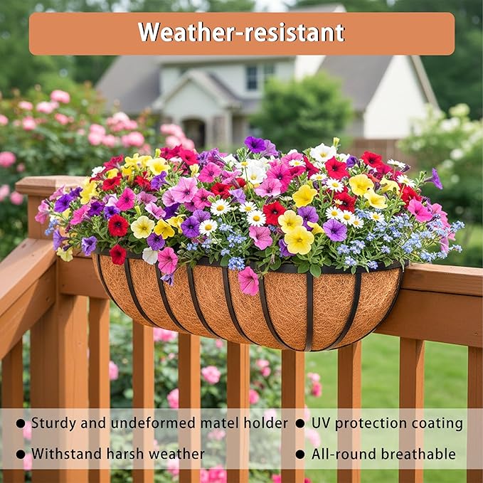 36'' Window Box Railing Planter with Coco Liner,4 Pack Horse Trough Planters Black Metal Hanging Flower Planters Basket for Porch Fence Patio Indoor Outdoor Lawn