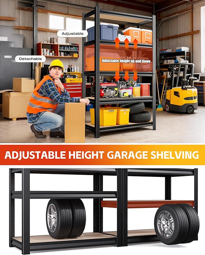 Set of 5 Garage Shelving Heavy Duty Storage Shelves, Metal Adjustable Shelving Unit, Utility Garage Organizer Shelf for Basement, Pantry, Kitchen, Warehouse,15.7" D x 35.4" W x 71.2" H
