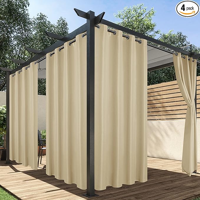 HolidayIdeas Outdoor Curtains for Patio Waterproof, 4 Panels - 54 x 95 Inch - Privacy Protection & Light Filtering Curtains Cream Grommet Outside Curtains for Porch, Gazebo, Pergola, Backyard