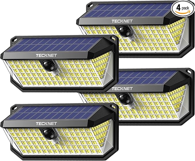 TECKNET 4200Lm 416 LED Solar Motion Lights Outdoor Waterproof, 300° Angle & 3 Lighting Modes Motion Sensor Light Outdoor, 4 Pack Security Solar Lights IP66 for Fence Front Door Yard Deck Garden Garage