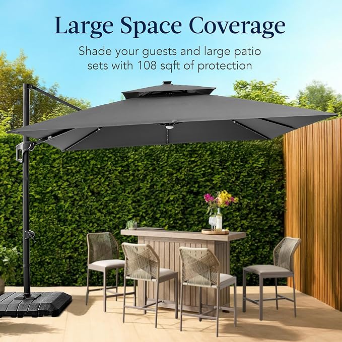 Best Choice Products 9x12ft LED Cantilever Patio Umbrella w/Base Included & 360° Rotation, Large Solar Offset Hanging Outdoor Sun Shade for Deck, Backyard Table w/Stand & Lights – Gray