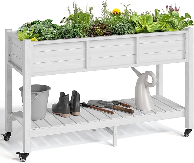 YITAHOME Raised Garden Bed HDPE, 47x18x31In Raised Flower Bed Poly-Wood Weather-Resistant Elevated Planter Box with Lockable Wheels & Storage Shelf for Vegetable Flower, White