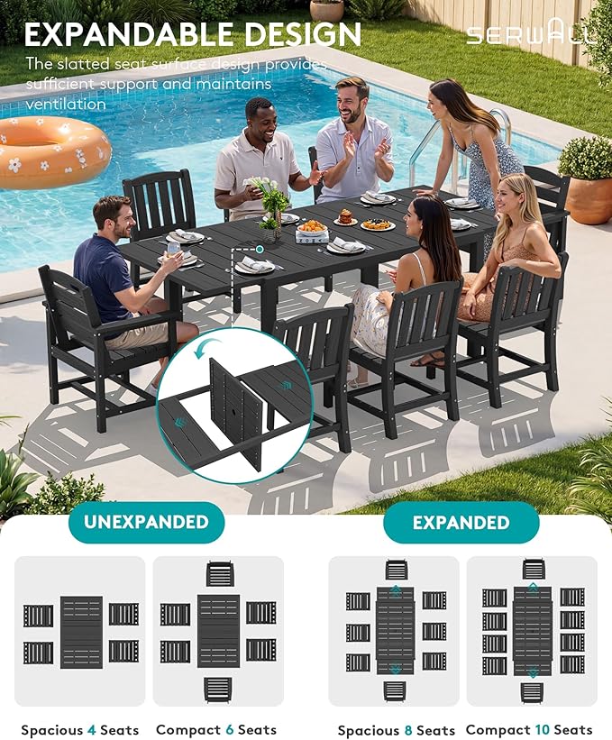 SERWALL 9-Piece Outdoor Dining Set, 60" - 83" Expandable Outdoor Dining Table and 8 HDPE Chairs, All Weather HDPE Outdoor Furniture Set for Backyard, Garden, Black