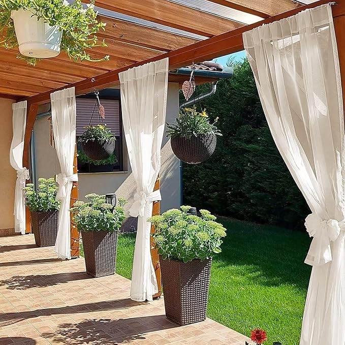 SpaceDresser Waterproof Outdoor Sheer Curtains for Patio - 2 Panels Rod Pocket Indoor Voile Sheer Curtain for Living Room,100W x 120L inch, Ivory