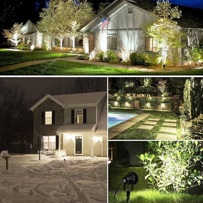 SUNVIE 120V Spot Lights Outdoor LED Landscape Lighting 12W AC Spotlights for Yard Waterproof Landscape Spotlight with Spiked Stake for Tree Garden Pathway Warm White Flag Lights US 3-Plug in, 4 Pack