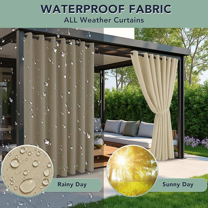 Outdoor Curtains for Patio Waterproof - 6 Panels Privacy Weatherproof Outside Curtains with Grommets for Pergola, Gazebo, Porch, Cabana, Balcony, 54 x 120 Inch, Cream