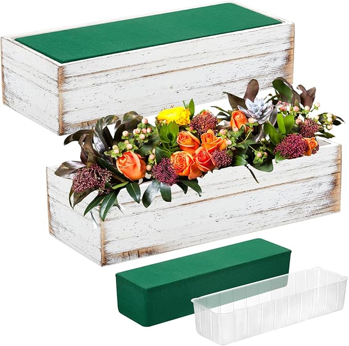 Dandat 4 Set Wood Boxes for Centerpieces 12x4 Inch Rectangle Wooden Planter Box Rustic Wooden Planters with Removable Plastic Liner Floral Foam Blocks for Christmas Wedding Home Garden Decor(White)