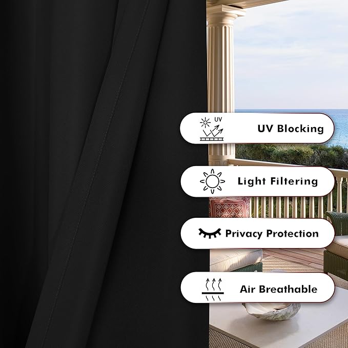 BONZER Waterproof Indoor/Outdoor Curtains for Patio Thick Privacy Wide Grommet Curtains for Bedroom, Living Room, Porch, Pergola, Cabana, 1 Panel, 110W x 95L inch, Black