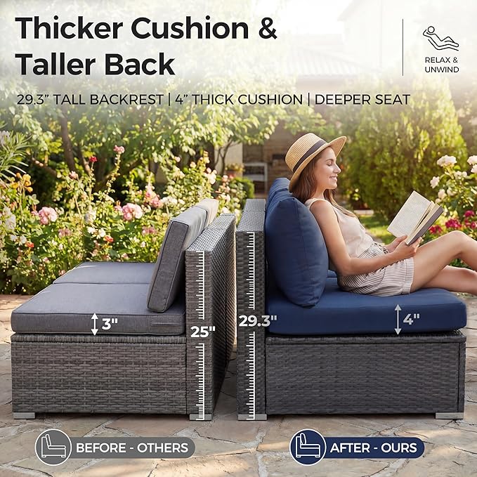NICESOUL Outdoor Sofa Set of 8, Deep Seating Extra Large Patio Conversation Set, 29.3'' High Back Modern Luxury Wicker Modular Sectional for Backyard Lawn Deck Garden, 2 Color Cushions Navy & Gray