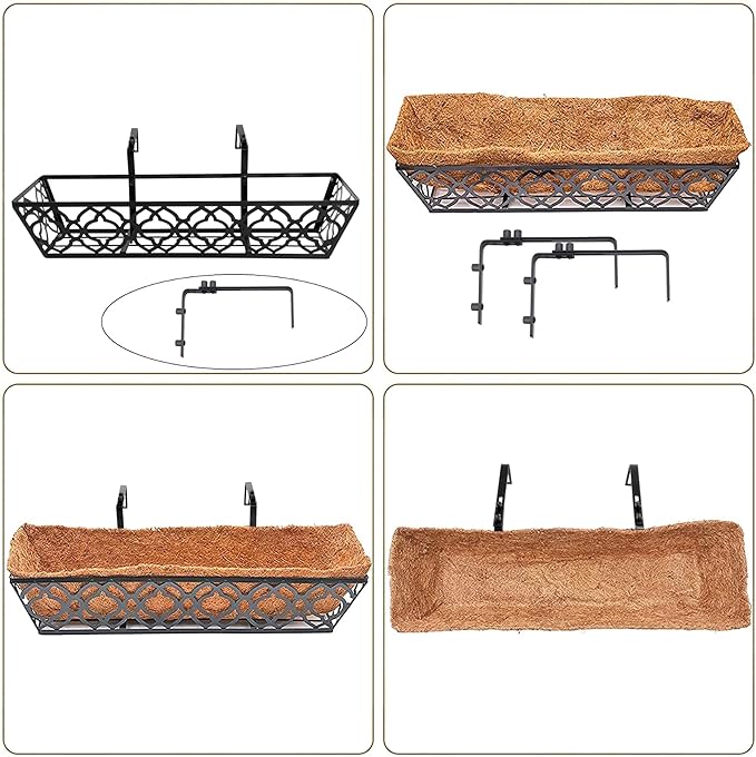 6pcs 24 Inch Window Deck with Coco Liner, 24" Window Boxes Horse Trough with Coconut Coir Liner, Metal Hanging Flower Planter Window Basket Deck Railing Planter Boxes for Outdoor Indoor Lawn