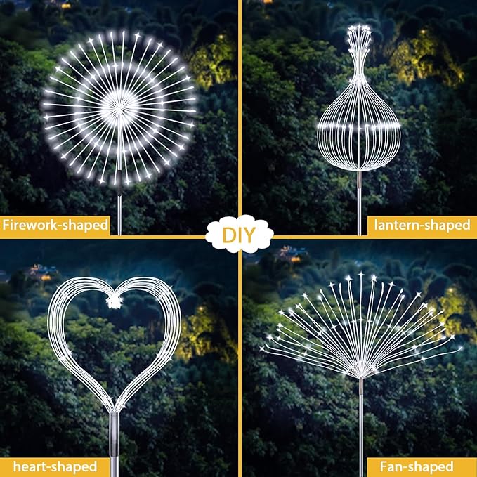JJGoo Solar Firework Lights, 2 Pack 120 LEDs 2 Lighting Modes Solar Garden Lights Outdoor Waterproof for Yard Patio Walkway Pathway Party Wedding Christmas Decorative- Cool White