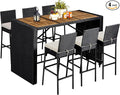 Yaheetech 7 Piece Patio Dining Set Outdoor Acacia Wood Bar Table and Chairs with Removable Cushions, Wicker Furniture Set for Deck, Backyard, Garden, Black/Beige