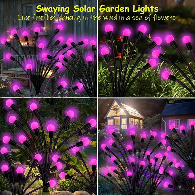 Kohlrabi Solar Garden Lights Outdoor, 4 Pack 40 LED Solar Pink Firefly Lights Waterproof, Starburst Wind Swaying Light for Outside Yard Patio Planter Flower Bed Walkway Christmas Decoration