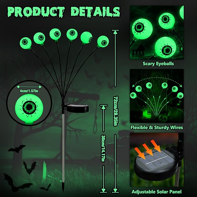 BrizLabs 8 Pack 48 LED Halloween Solar Lights, 2 Modes Outdoor Halloween Eyeball Pathway Lights, Solar Spooky Light Waterproof, Green Swaying Firefly Lighting for Path Yard Garden Lawn