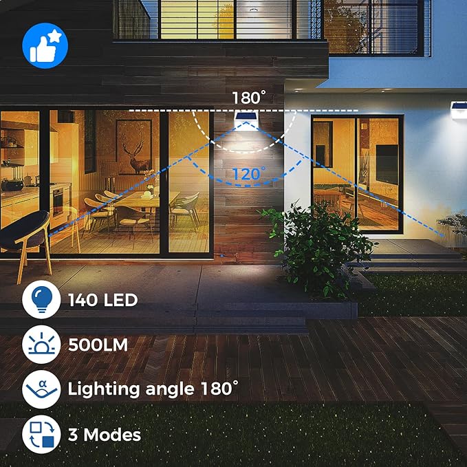 Peasur 16Pack Solar Motion Sensor Lights Outdoor Waterproof, 140LED 3 Modes Ultra-Bright Solar Powered Fence Lights, Security Wall Light for Outside Garden Yard Deck Stair Step