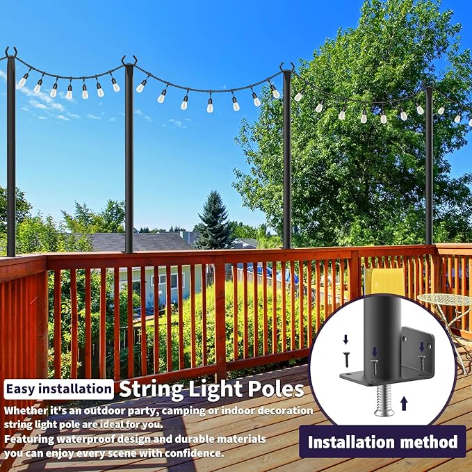 AILBTON 4.8Ft String Light Poles 8 Pack,Light Poles for Outside Lights,Outdoor with Fence Brackets Hanging Lights,Metal Stand Deck Patio Backyard
