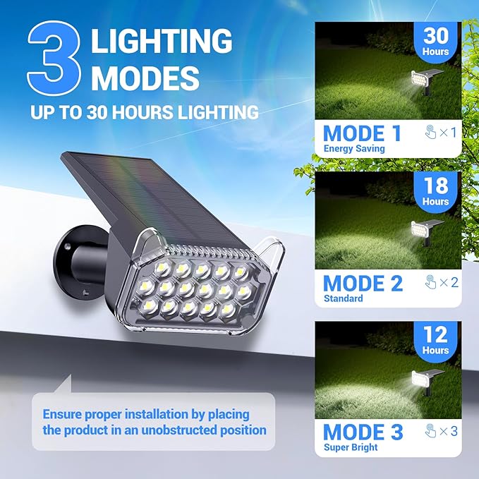 WdtPro Solar Spot Lights Outdoor Waterproof, Bright Solar Lights Outdoor with 16 Extra-Large LEDs, 3 Modes Landscape Spotlights, 2-in-1 Solar Powered Light for Yard Flag Garden, 2 Pack, Cool White