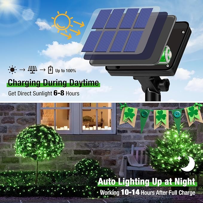btfarm 4 Pack St Patricks Day Fairy Lights, 320LED 132FT Green Solar String Lights Outdoor Waterproof, 8 Modes Solar Twinkle Lights Irish Decorations for Tree Party Christmas Garden Yard Wedding
