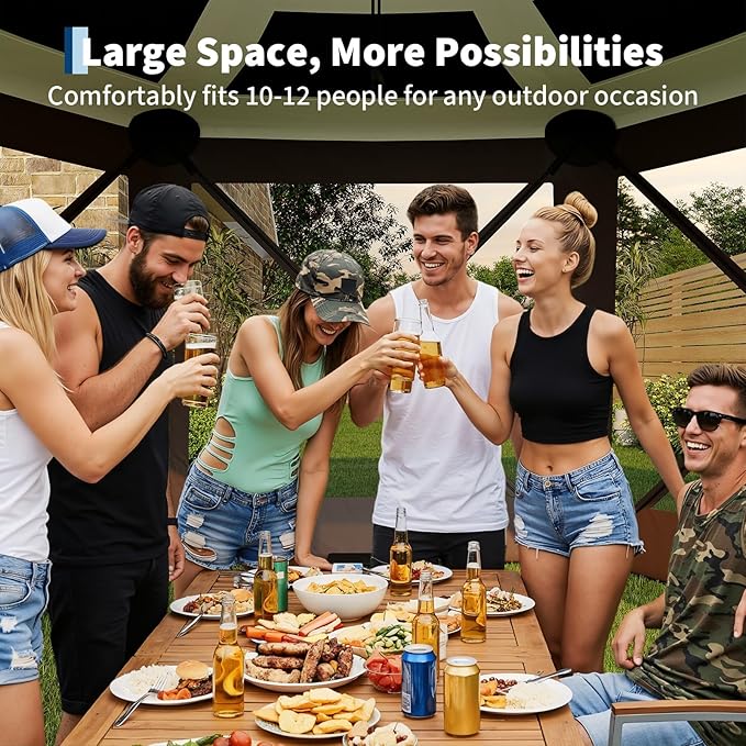 11.5x11.5FT 6-Sided Pop Up Gazebo Tent，One-Push Setup Canopy Tent with Mesh Panels & Removable Wind Cloths, Outdoor shelter for Camping, Backyard Parties, Outdoor Events - Beige & Khaki